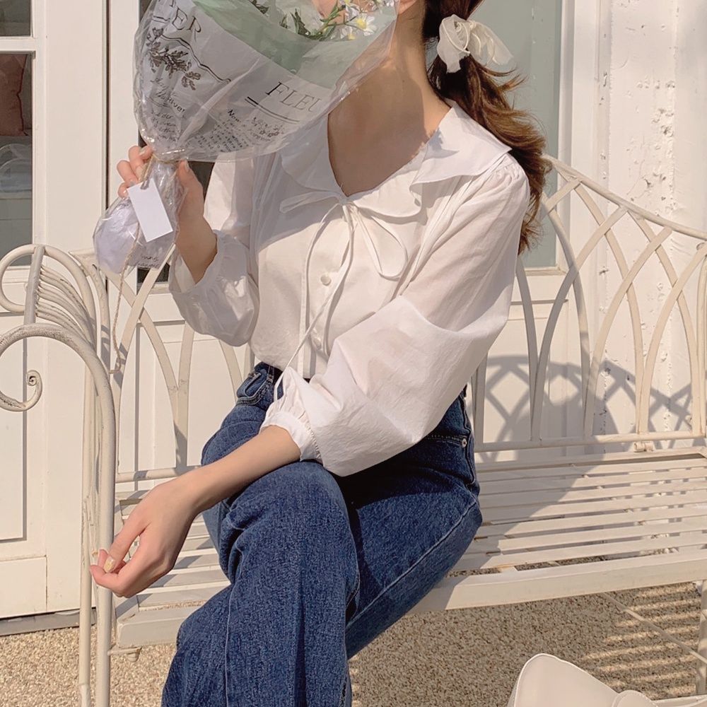 SUXI Áo Sơ Mi Tay Dài Cổ Chữ V Màu Sắc Ngọt Ngào Phong Cách Hàn Quốc Cho Nữ