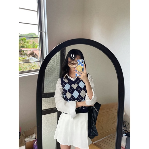 Áo len gile dệt kim dáng lửng croptop hoạ tiết kim cương kẻ ô trám