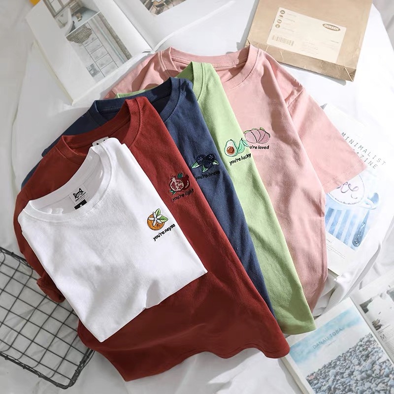 Áo thun nữ tay lỡ form rộng, áo phông unisex bts thêu hình trái cây, áo thun cotton