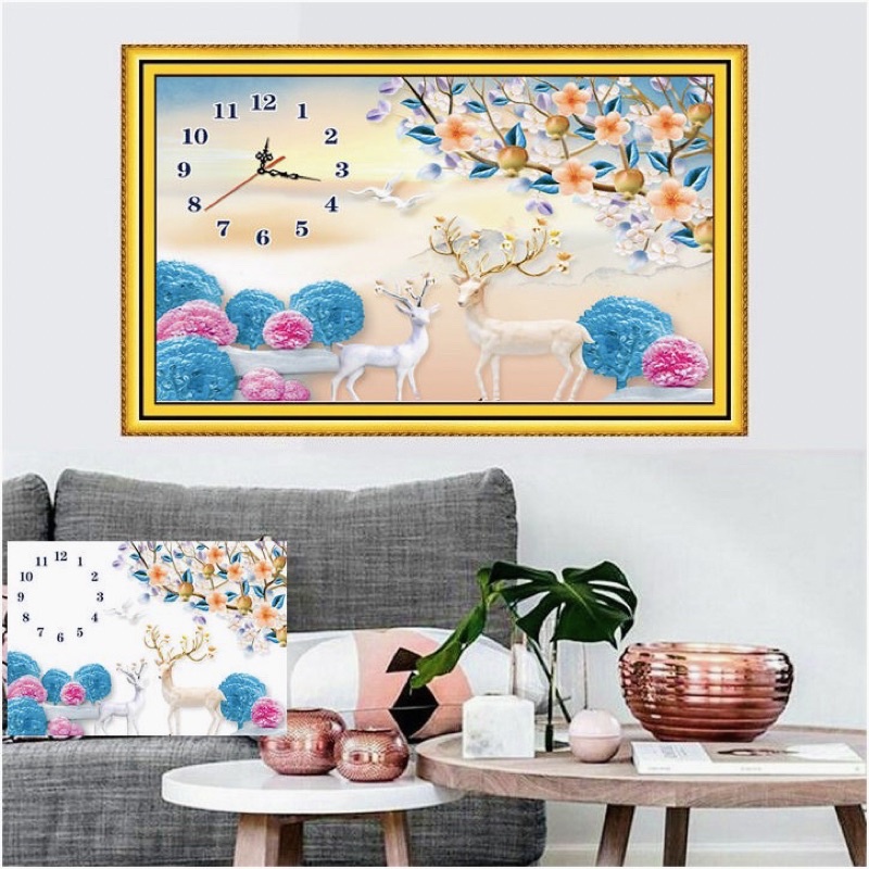 Tranh Đính Đá Đồng Hồ Phong Cảnh Hươu Vs491(75*55),Vs492(60*50),Vs501(70*52)