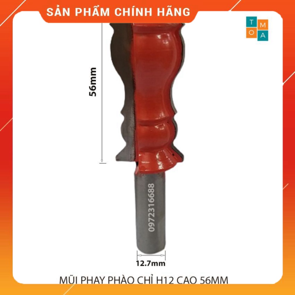 MŨI SOI GỖ - MŨI PHAY GỖ ĐÁNH CHỈ PHÀO H12 CAO 56MM CỐT 12.7MM - CHỈ PHÀO NÓC - PHÀO NẸP HÀNG VIỆT NAM
