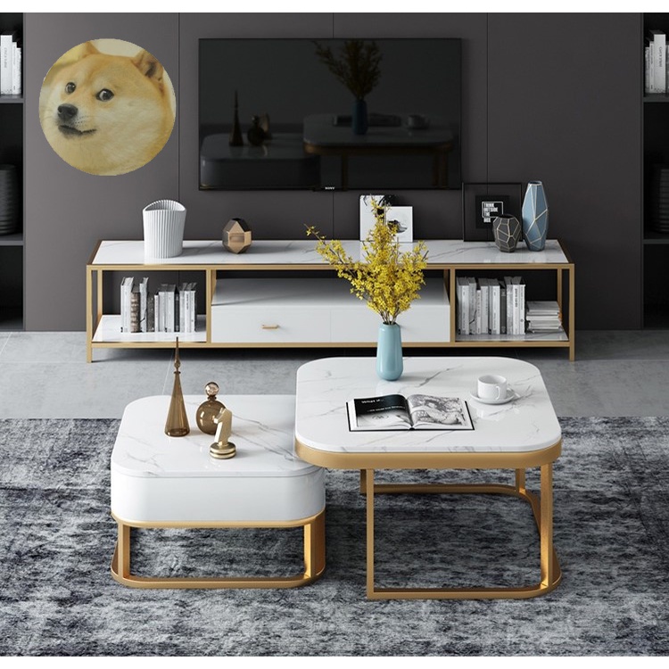 Bàn trà đôi sofa, bàn trà mặt đá vuông, chân sắt ngăn tủ chứa đồ, cafe phòng khách