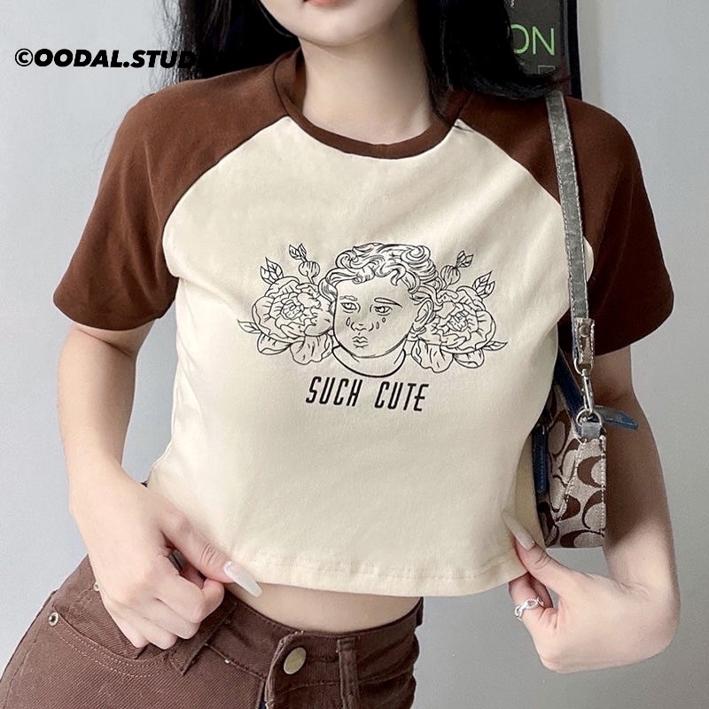 Áo Croptop chất thun tăm hoạ tiết vintage Suchcute