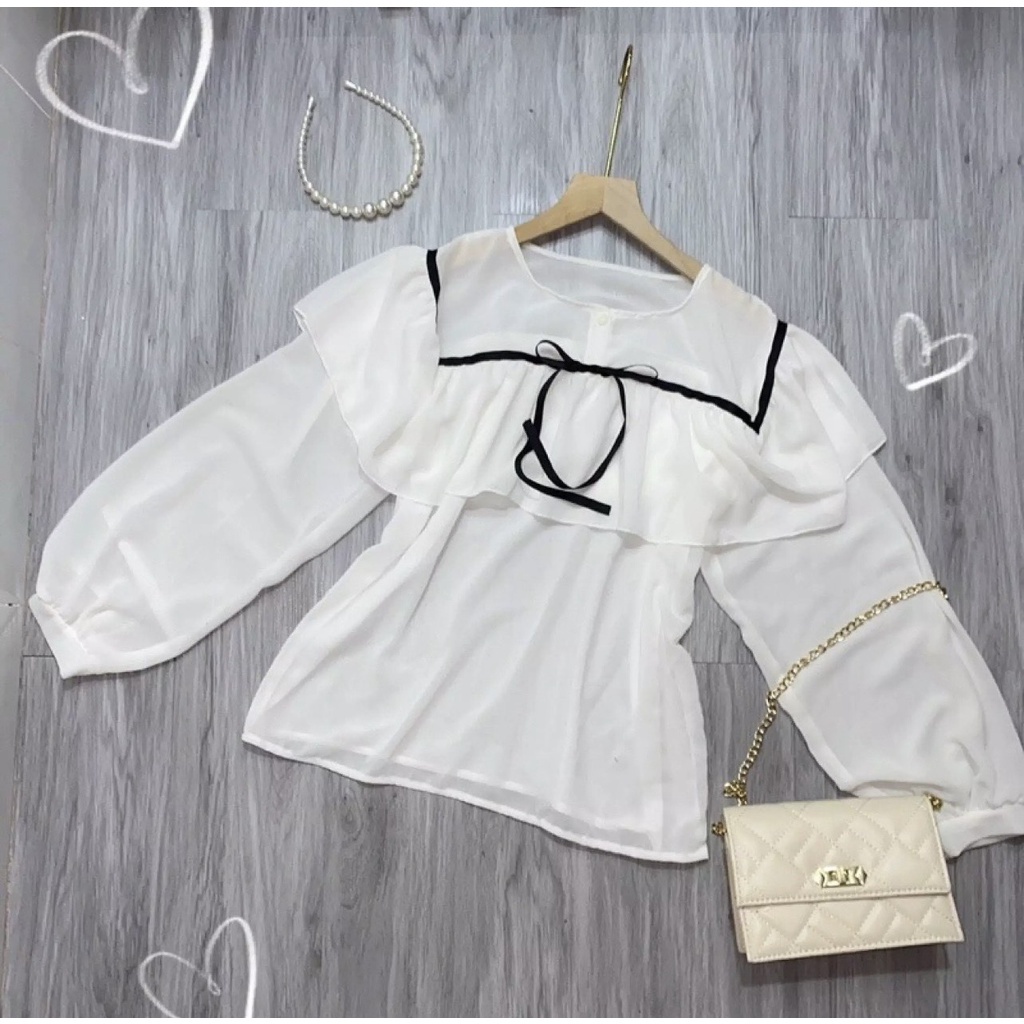 Áo sơ mi nữ công sở dài tay tay màu trắng đi học sinh cổ tròn dáng rộng- hạo tiết viền cổ đen-nơ đen | BigBuy360 - bigbuy360.vn