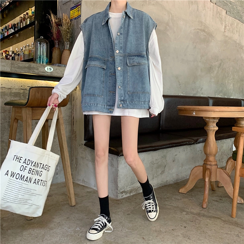Áo Khoác Denim Không Tay Dáng Rộng Phong Cách Retro Hàn Quốc Cho Nữ