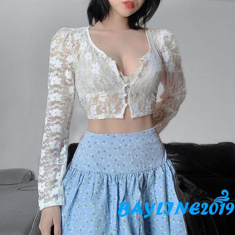 Áo croptop tay dài cổ chữ v phối ren quyến rũ thời trang cho nữ | BigBuy360 - bigbuy360.vn