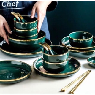 Bộ các món dĩa,bát,đĩa sứ xanh cao cấp