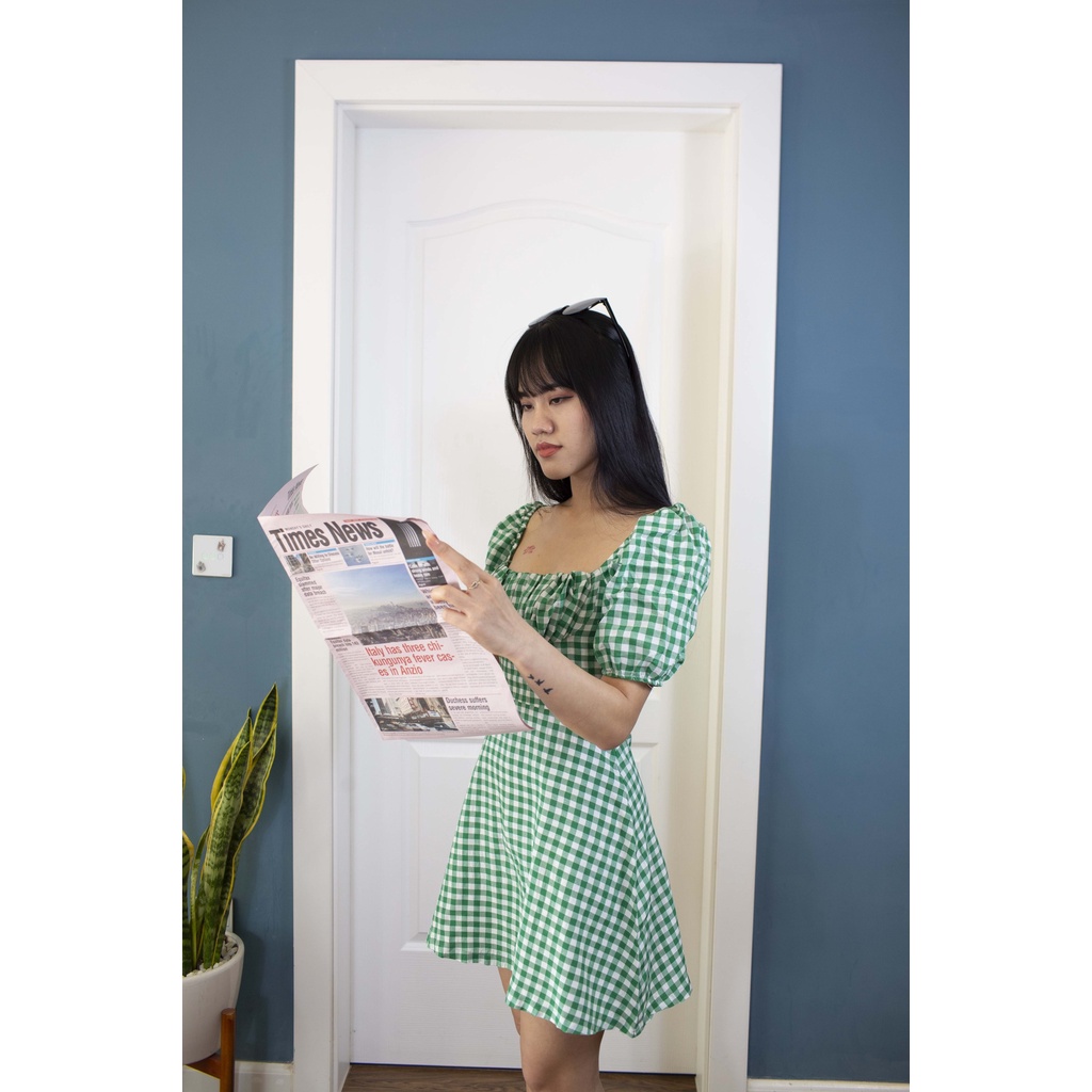 Váy Đầm Kẻ Sọc Caro Tay Phồng Cổ Bèo Dáng Chữ A - Váy Thanh Lịch Nhẹ Nhàng Hàn Quốc | BigBuy360 - bigbuy360.vn