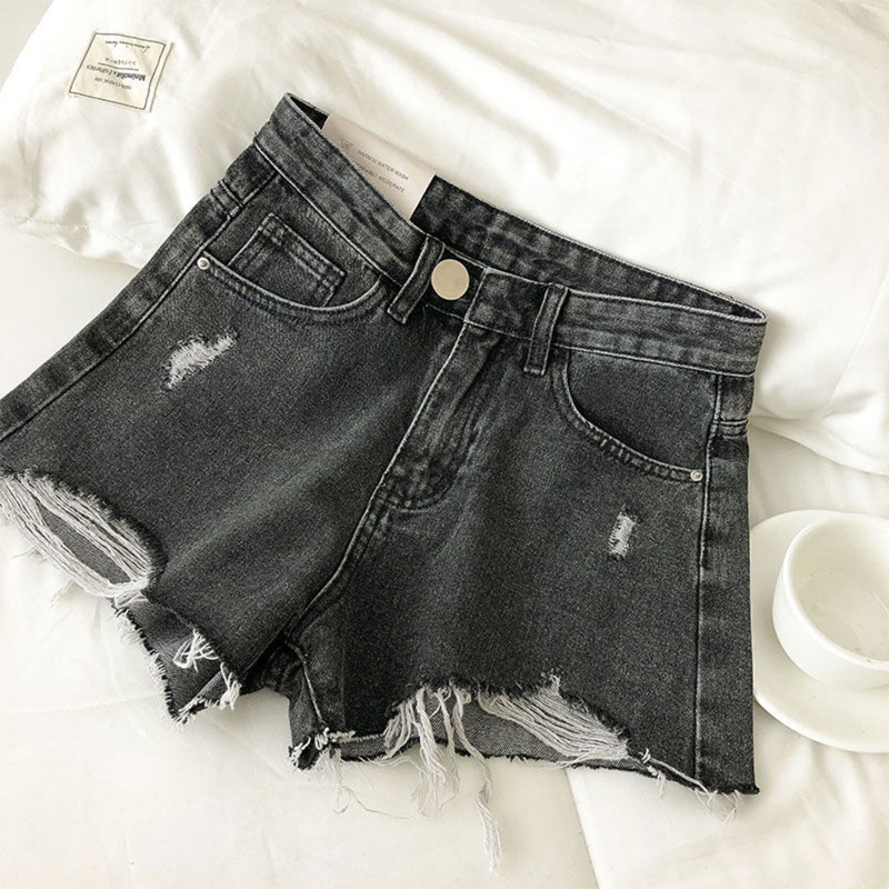 Brroa Quần Short Denim Cạp Cao Ống Rộng Rách Tua Rua Retro Hàn Quốc Cho Nữ Giới