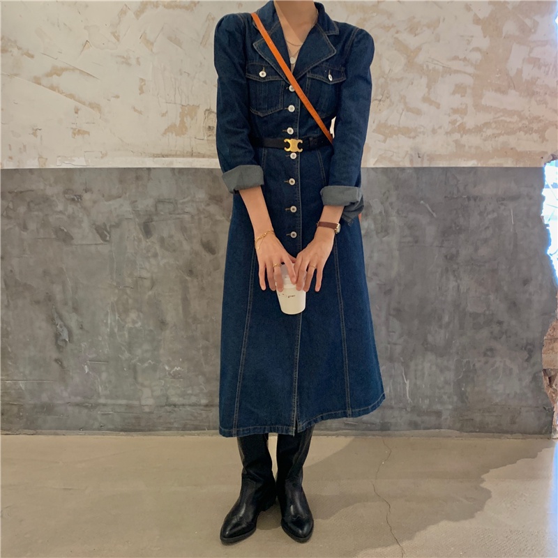 Váy Bò Nữ - Đầm Denim Tay Dài Phong Cách Vintage Siêu Xinh_ Hàng QCCC Kèm Ảnh Thật