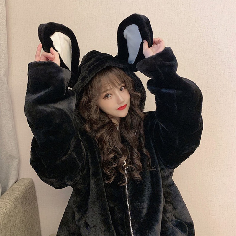 Han Áo Khoác Hoodie Giả Lông Tai Thỏ Dễ Thương Có Khóa Kéo Thời Trang harajuku Mùa Đông Dành Cho Bạn Nữ