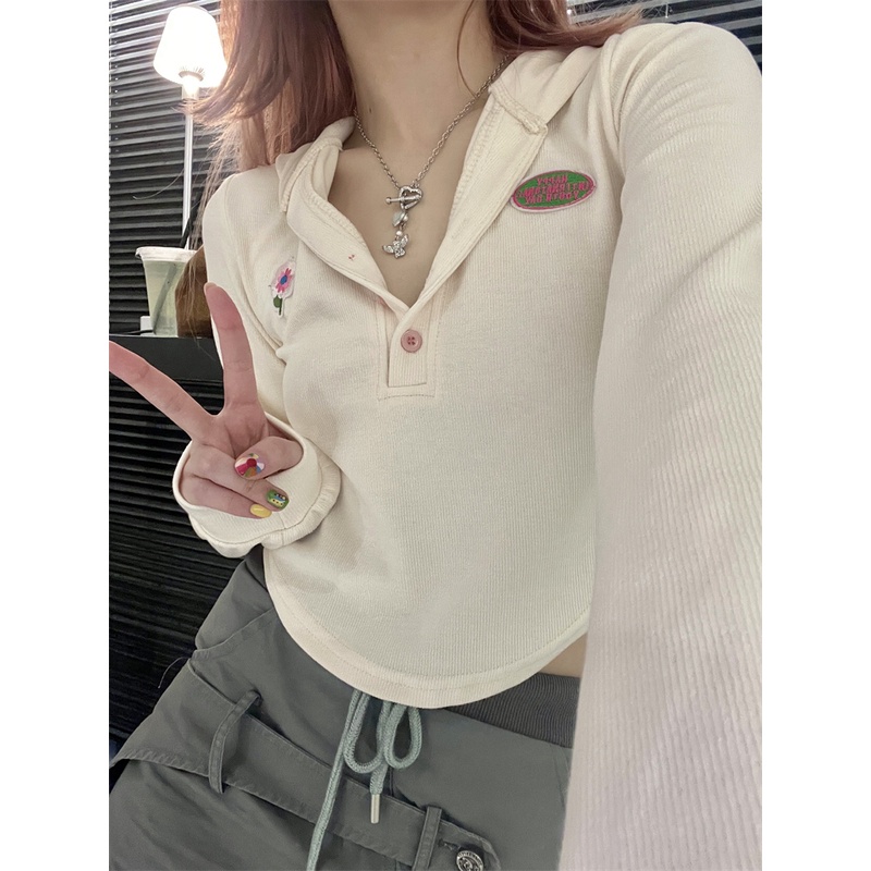 Áo Hoodie Ngắn Mỏng Tay Dài Thiết Kế Không Đều Phong Cách retro Mỹ Mùa Thu Dành Cho Bạn Nữ