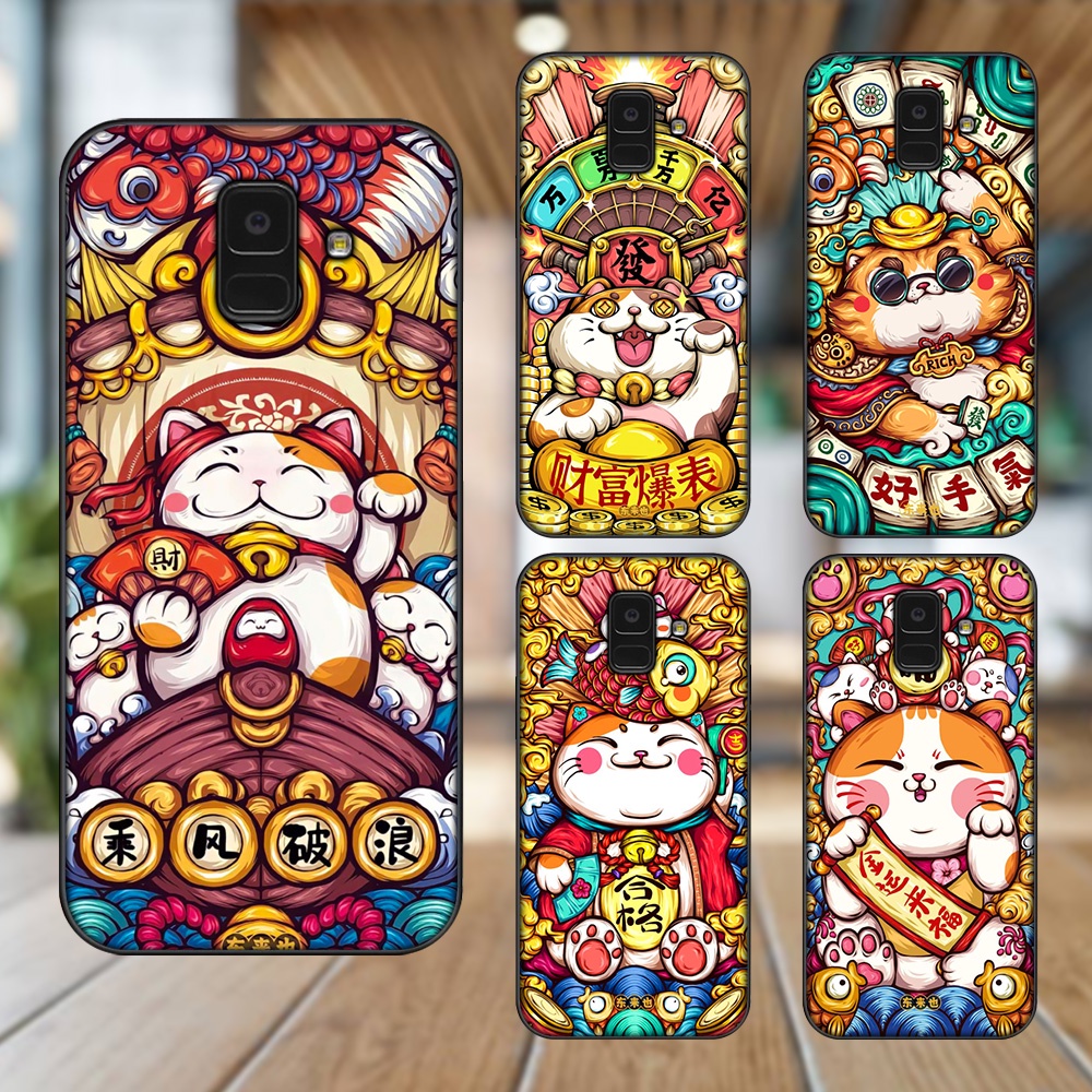 Ốp lưng Samsung A5 2018, A6 2018, A8 2018, J6 2018, A8 Plus viền đen in hình Mèo Thần Tài dễ thương
