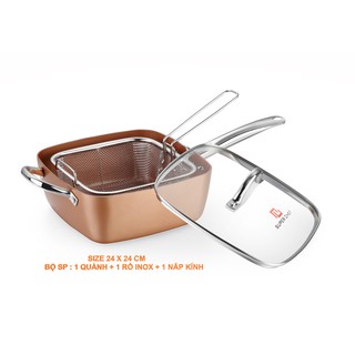 Bộ quánh vuông nắp kính + rổ inox SUPER CHEF h.kim tráng men đáy từ 24*24cm