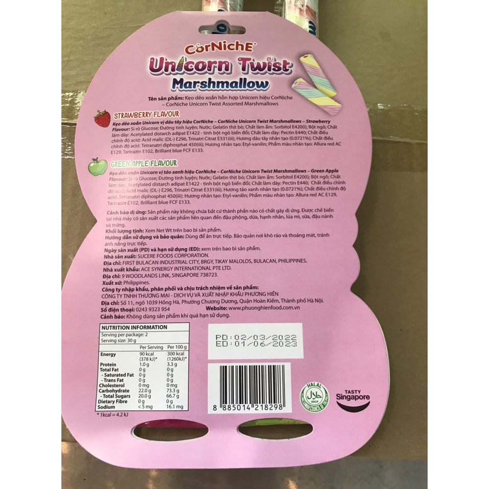 Kẹo Xốp Xoắn Unicorn Twist Marshmallows Chân Dài (Vỉ 60g)