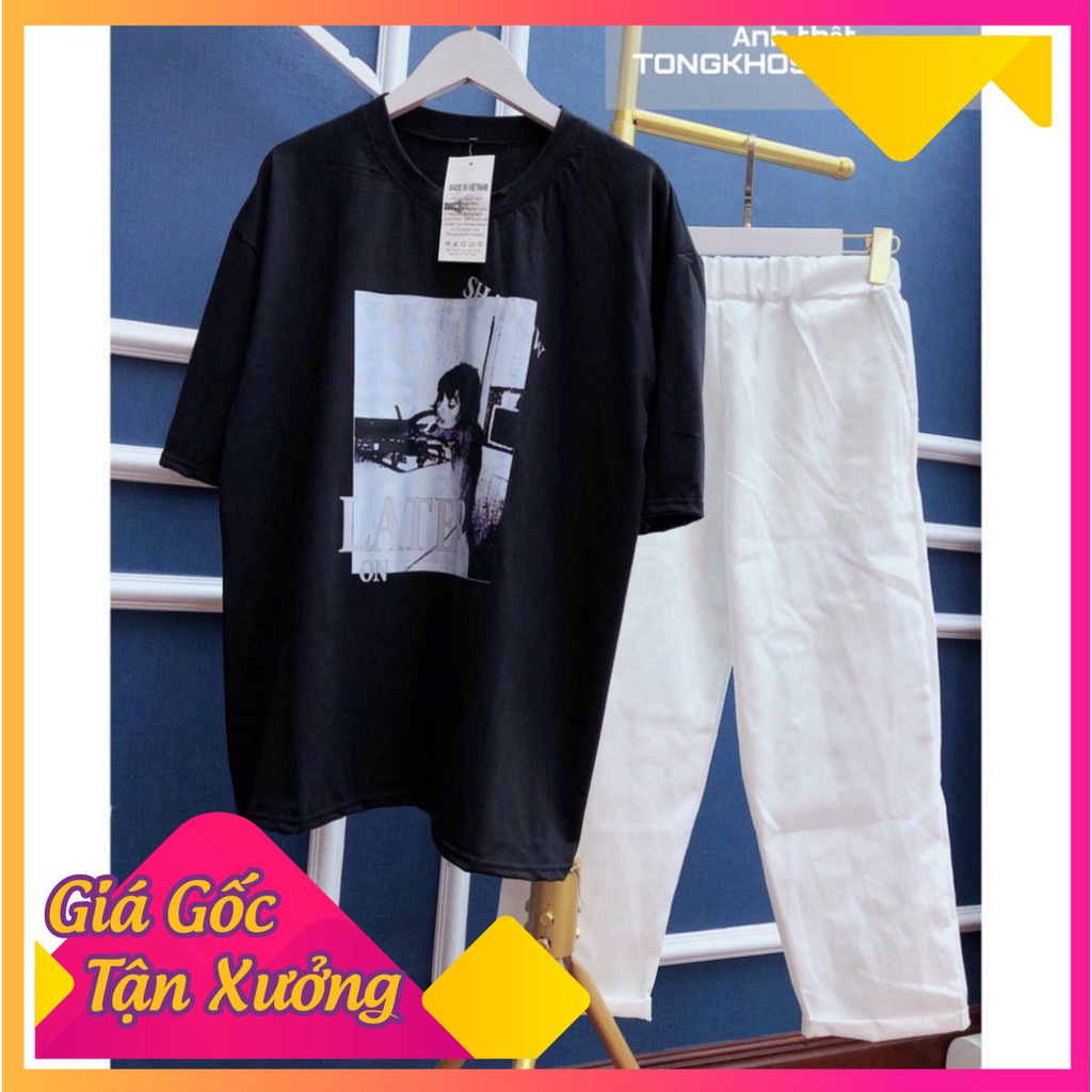 Bộ Quần Kaki Trắng Áo Phông Cô Gái 🦋 Set Quần Ống Suông Kèm Áo Thun Cộc Tay Đen In Hình 🦋 [Mới]