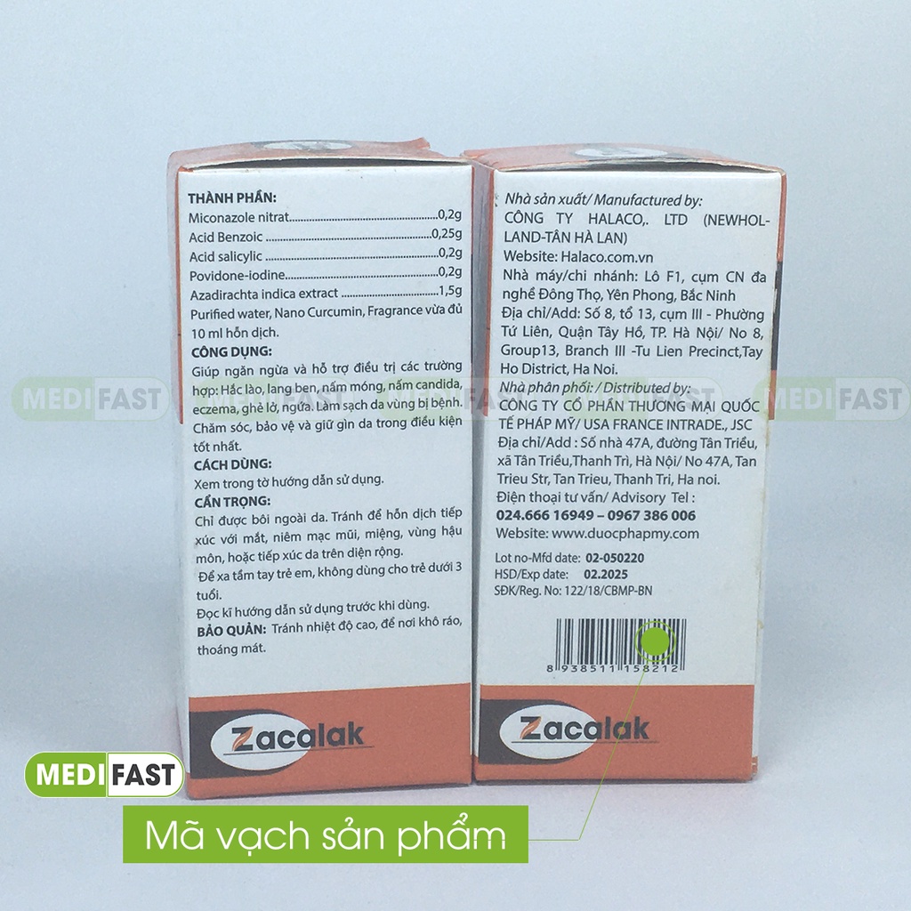 Zacalak lọ 10ml Kem bôi hắc lào, lang ben, hỗ trợ giảm nấm móng từ cồn povidone Iod và Miconazole