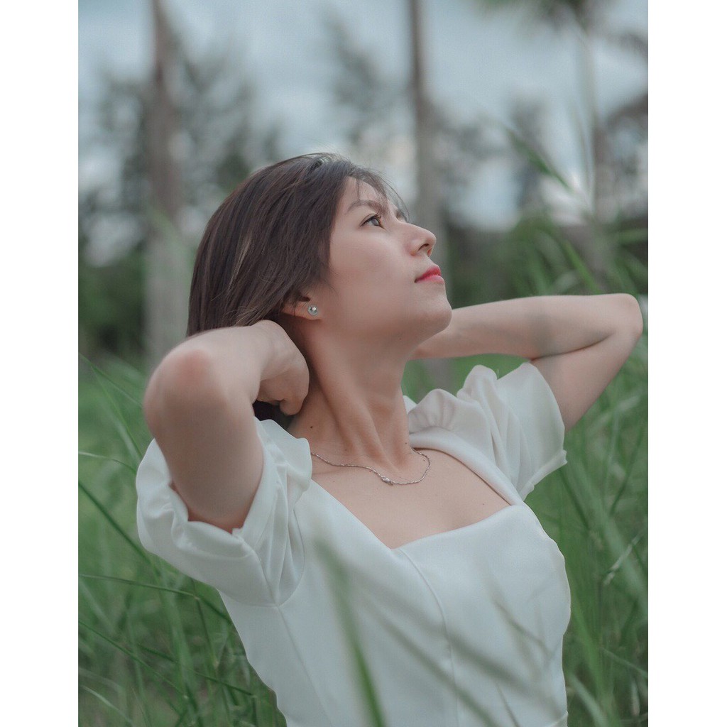 Đầm váy nữ trắng cổ vuông tay phồng dự tiệc tiểu thư công chúa dáng dài có nơ sau chất Lụa Mango siêu đẹp cá tính