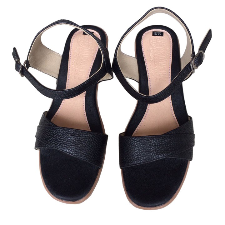Xăng Đan Nữ Da Bò Trường Hải Màu Màu Đen Gót vuông cao 5cm Đế PU siêu nhẹ SDN0125