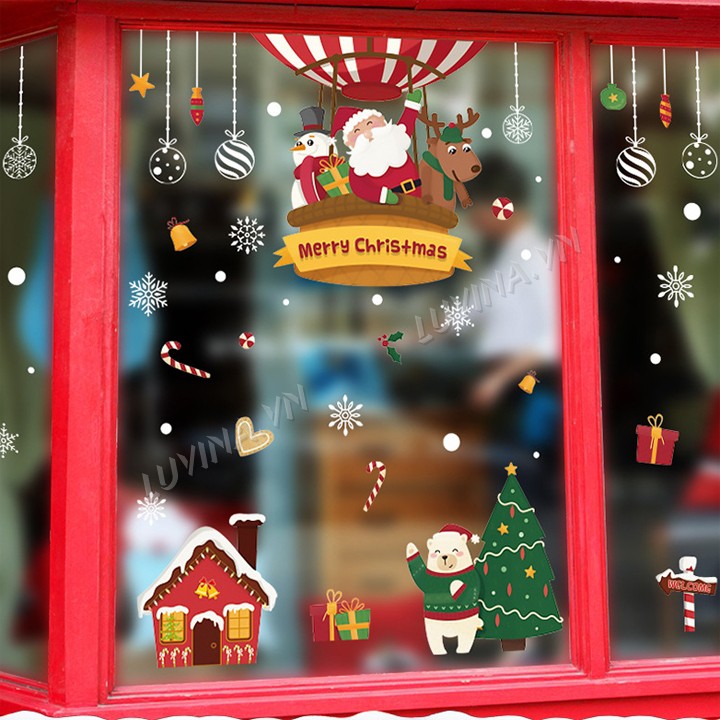 Decal dán tường chất liệu PVC loại 1, dán phòng khách, phòng ngủ, quán cafe-Ông già NOEL ngồi trên khinh khí cầu