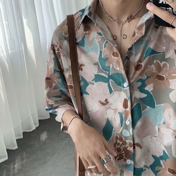 Áo Sơ Mi Lụa Lạnh Tay Ngắn Dáng Rộng In Hoa Phong Cách Retro Hàn Quốc Dành Cho Nam Giới
