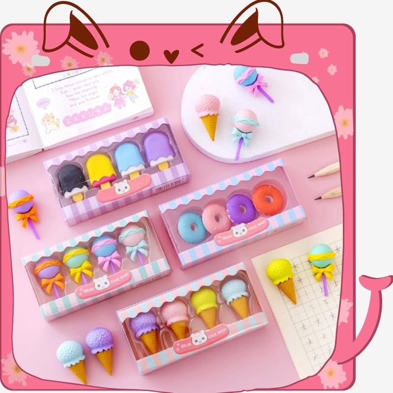 Set 4 tẩy bút chì nhiều hình ngộ ngĩnh độc đáo. Gôm tẩy hình cây kem đáng yêu độc đáo