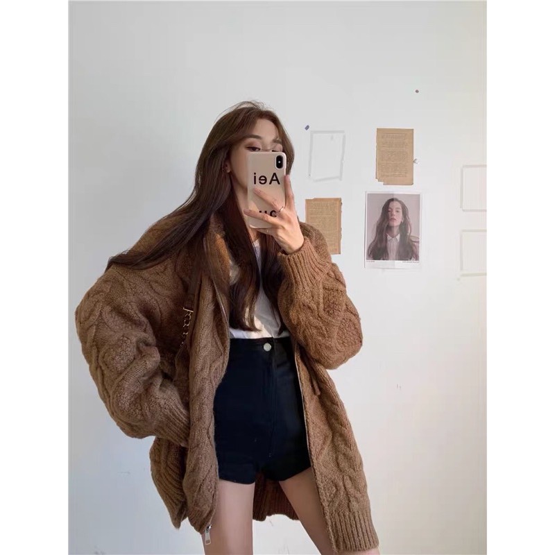 Áo khoác len có mũ kéo khoá oversize