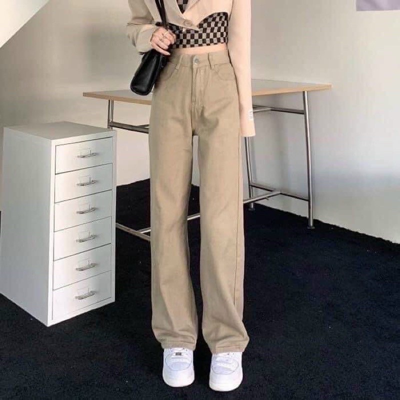 Quần jean be ống xuông/bò ống rộng nữ màu lạ nâu tây cạp cao đơn style Hàn Quốc Ulzzang dành cho nữ