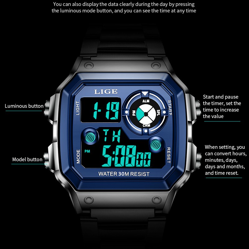 LIGE 8921 Men's Stainless Steel Digital Sports Waterproof Watch