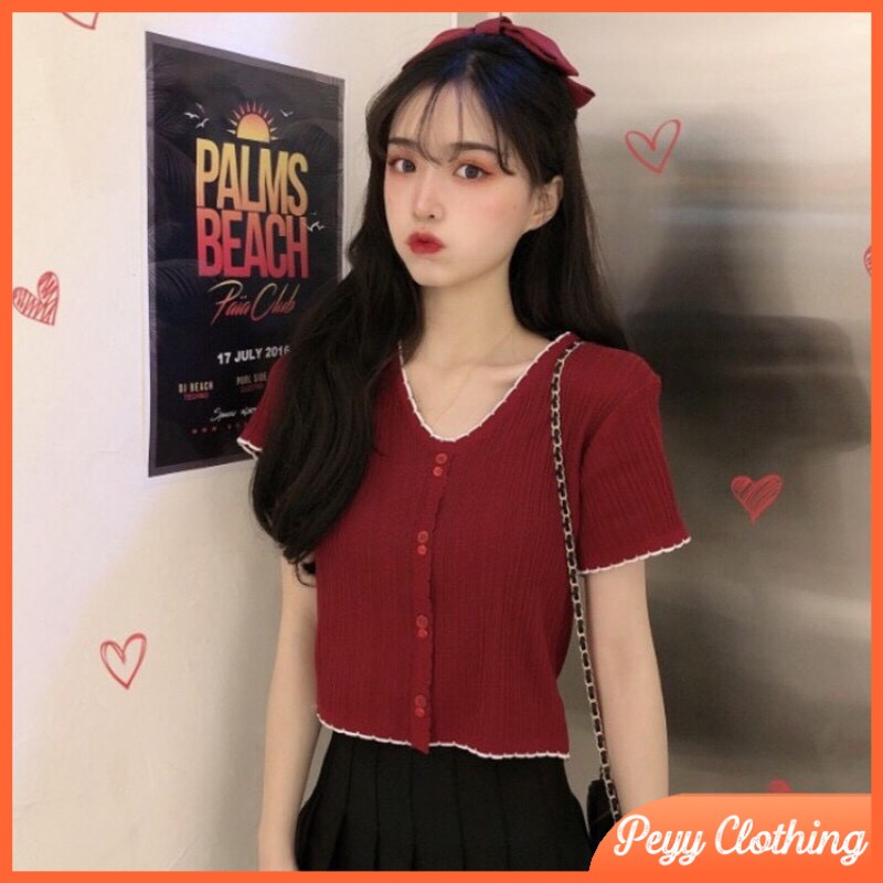 Áo len tăm dệt kim ngắn tay cổ tim phối khuy phong cách ulzzang Hàn Quốc A07 - Peyy Clothing