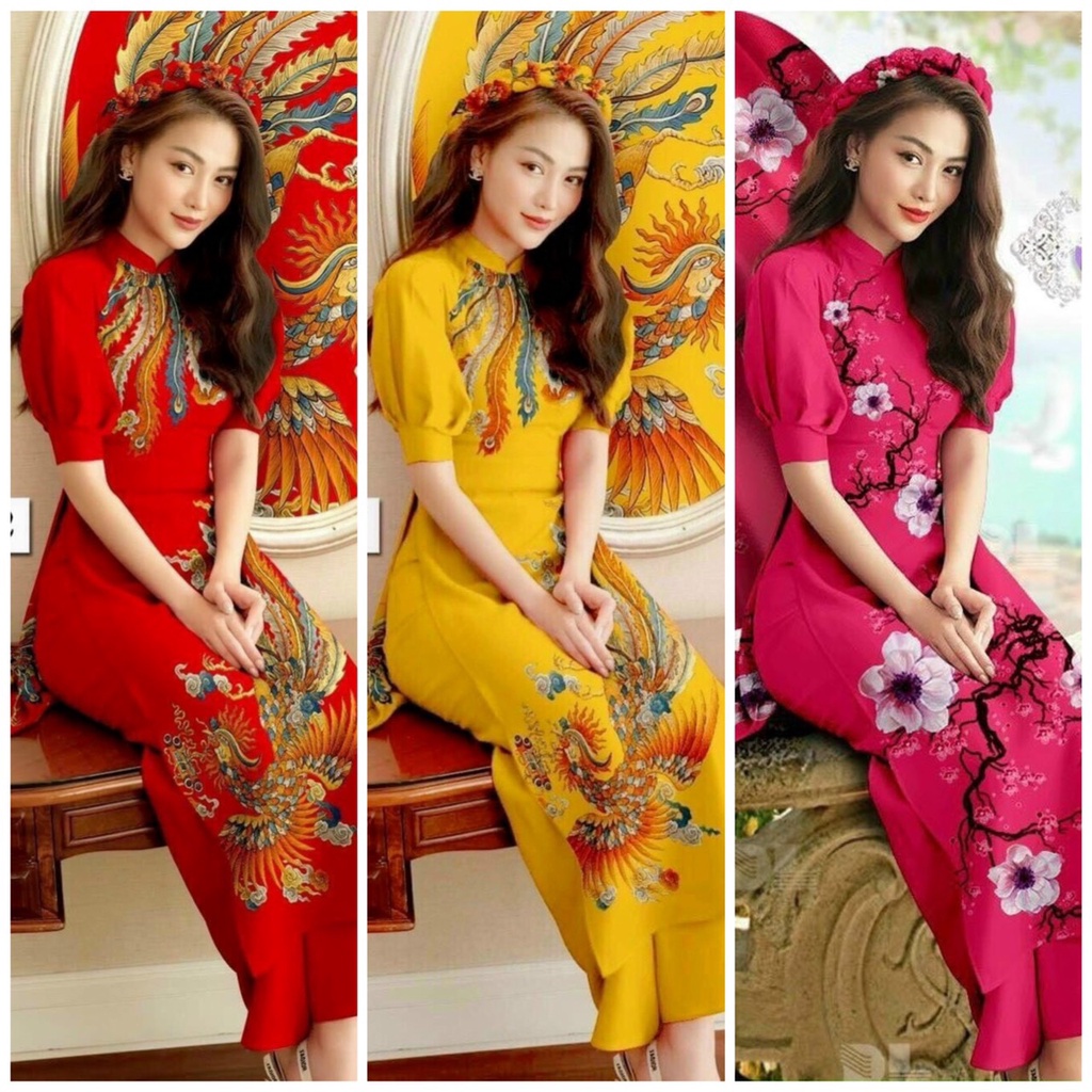 Sét áo dài truyền thống hoạ tiết mùa xuất đón tết siêu xinh TRIPBLE T DRESS - size M/L/XL/2XL - MS02L