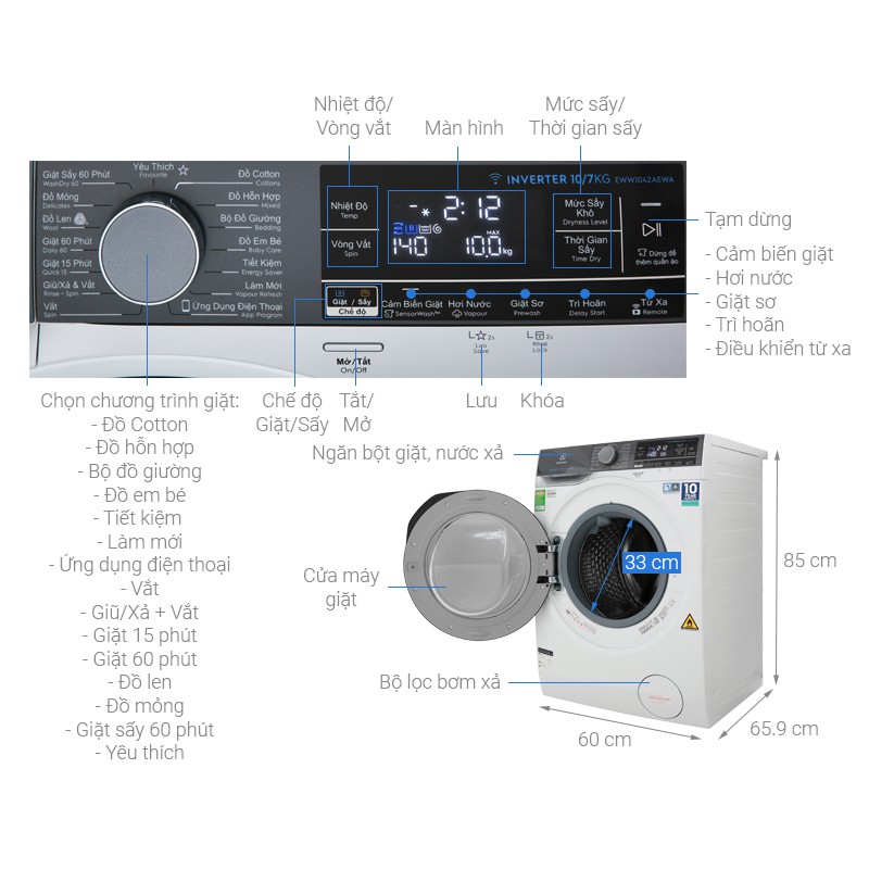 Máy giặt sấy Electrolux inverter EWW1042AEWA 10Kg