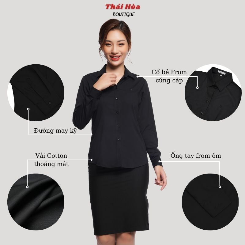 Áo sơ mi đen nữ tay dài công sở kiểu đẹp bigsize cotton mềm min Thái Hoà 047-15-01