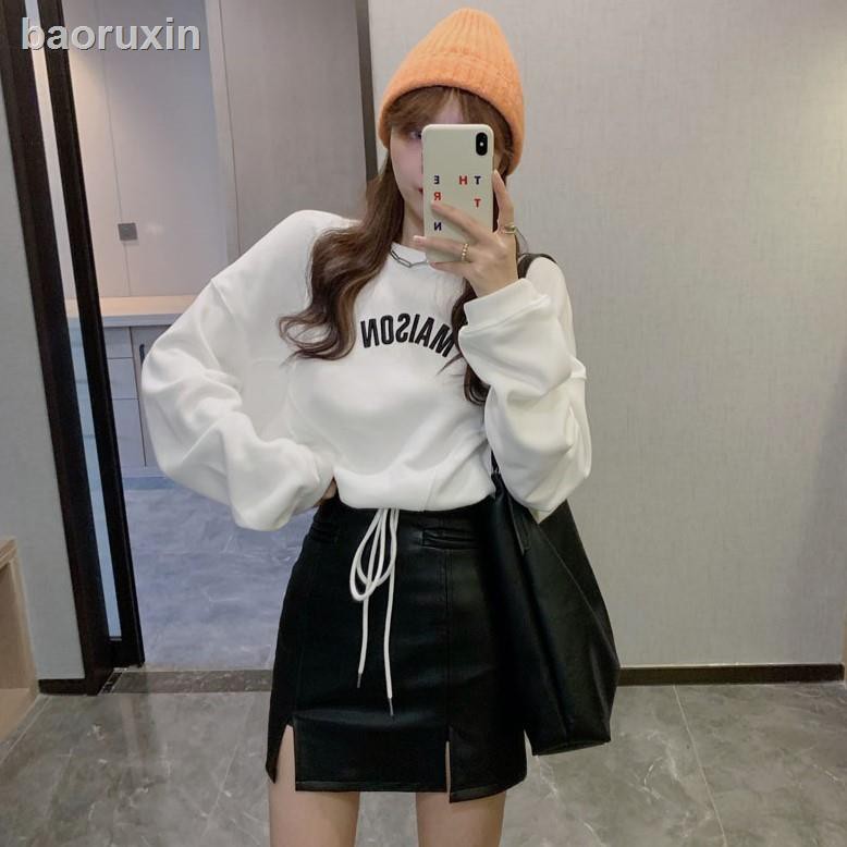 Bộ Áo Hoodie Thêu Chữ + Chân Váy Da Pu Xẻ Tà Thời Trang Mùa Xuân Cá Tính