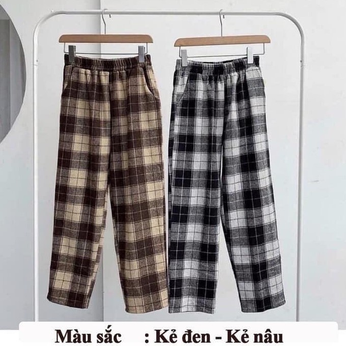 Quần suông ống rộng kẻ caro dáng dài cạp cao siêu hot