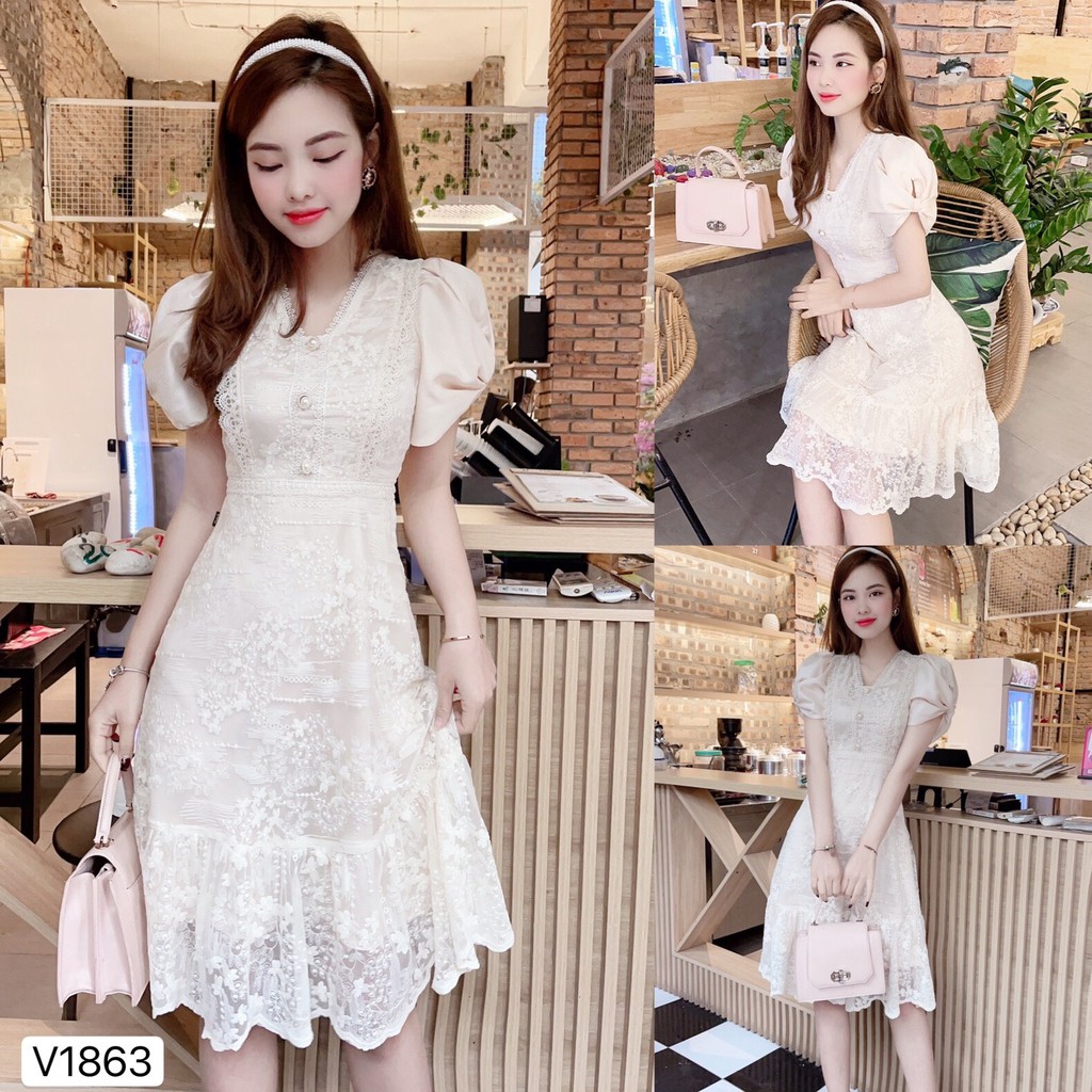 Váy ren xòe thiết kế V1863 - Đẹp Shop DVC - Kèm ảnh thật trải sàn do shop tự chụp