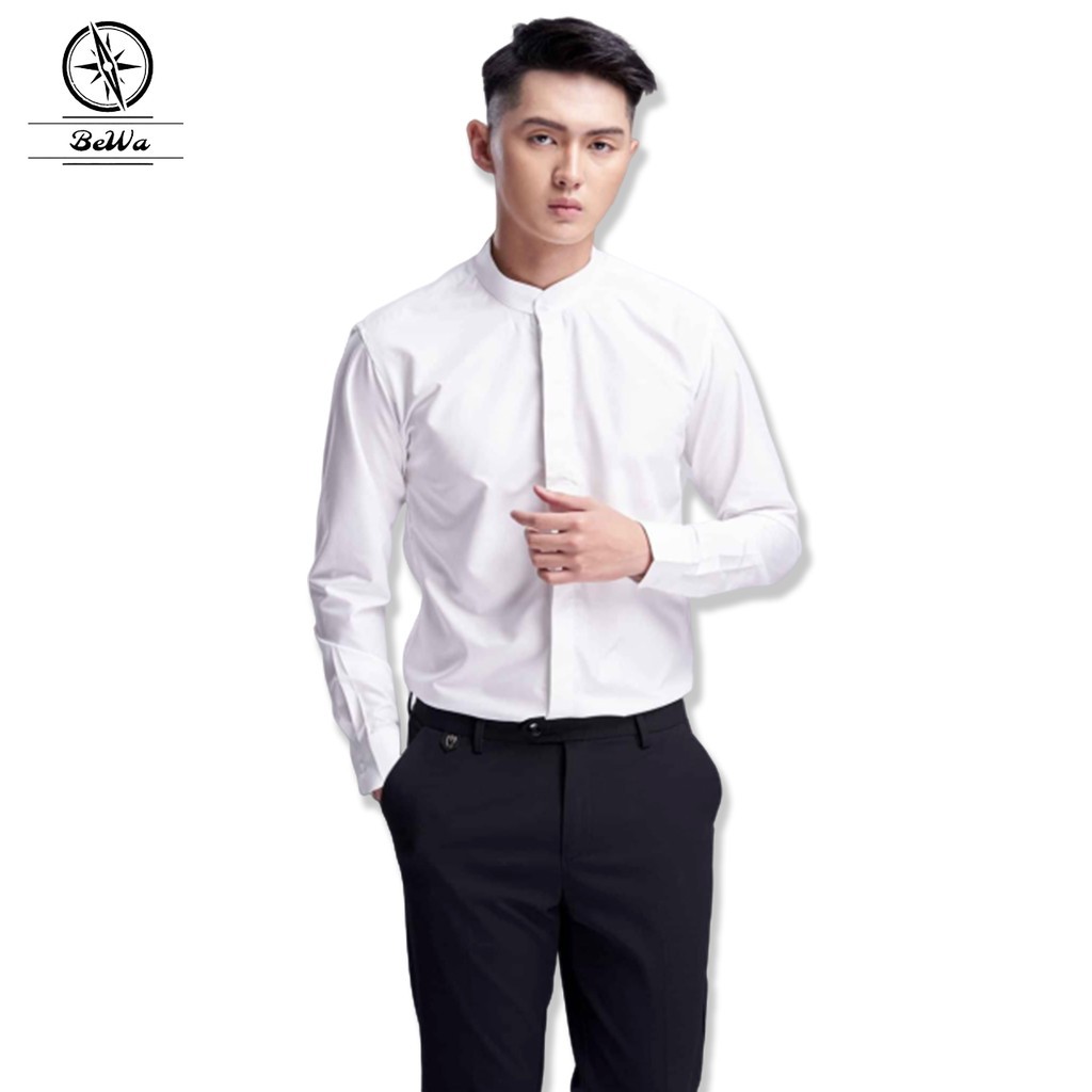Áo sơ mi trắng nam cổ trụ tàu dài tay vải lụa mềm form rộng phong cách hàn quốc cao cấp | Beway B | BigBuy360 - bigbuy360.vn