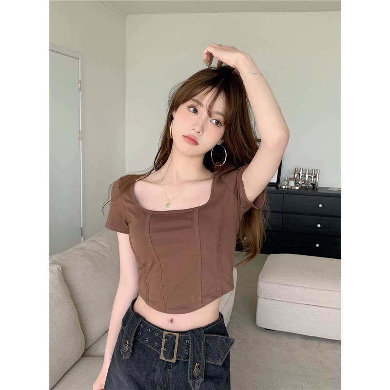 Cocory vn Áo Thun Crop Top Tay Ngắn Cổ Vuông Màu Trơn Thiết Kế Độc Đáo Thời Trang Quyến Rũ Cho Nữ