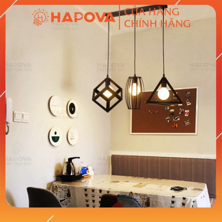 Bộ 03 đèn thả trần trang trí lập phương tam giác hình trụ HAPOVA DT 0072/3 + Tặng kèm bóng led AS Vàng