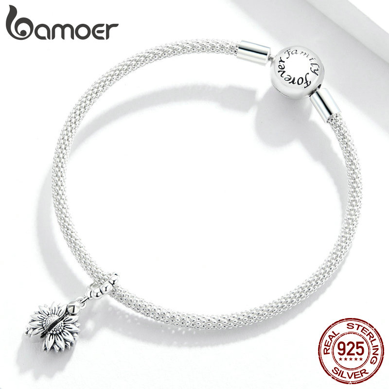 BAMOER Hạt Bạc 925 Hình Hoa Hướng Dương Mặt Cười Dùng Làm Vòng Tay SCC1661