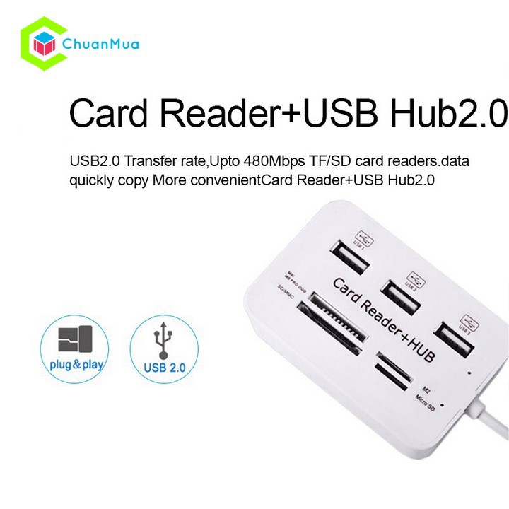 Bộ chia 3 cổng USB 2.0 có cổng đọc thẻ nhớ cho máy tính - PKA184