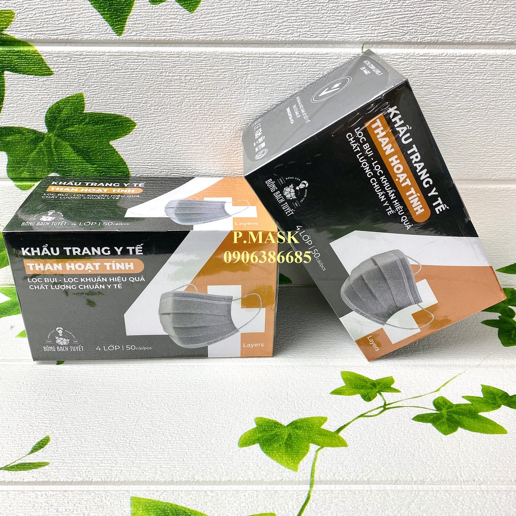 Khẩu trang THAN HOẠT TÍNH 4 lớp BẠCH TUYẾT mới 50 cái / hộp chính hãng Bông Bạch Tuyết