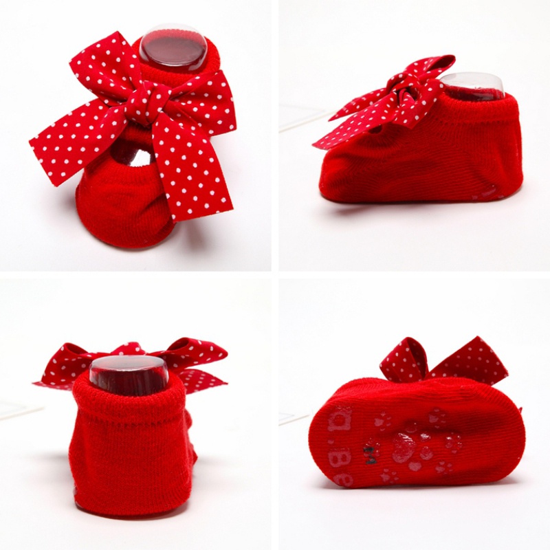 Bộ 2 Đôi Vớ Cotton Chống Trượt Đính Nơ Đỏ Dễ Thương Cho Bé