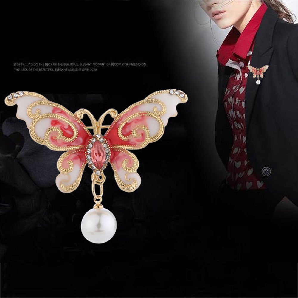 Ghim Cài Hình Bướm Khảm Đá Phối Ngọc Trai Giả Thanh Lịch Thời Trang