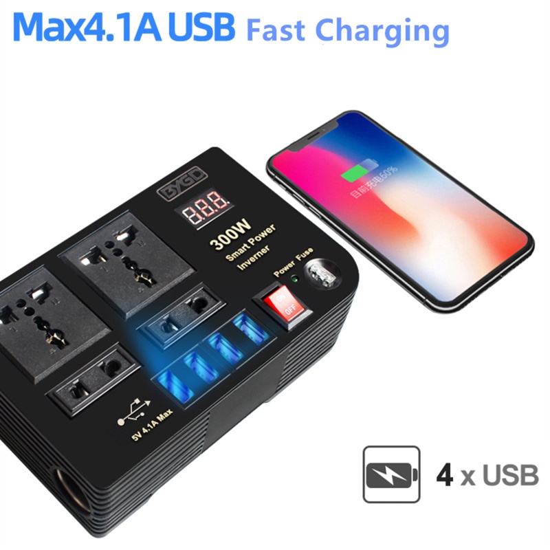 Củ Sạc Thông Minh Cho Xe Hơi 300W 12V DC Sang 220V AC Có 4 Cổng Usb