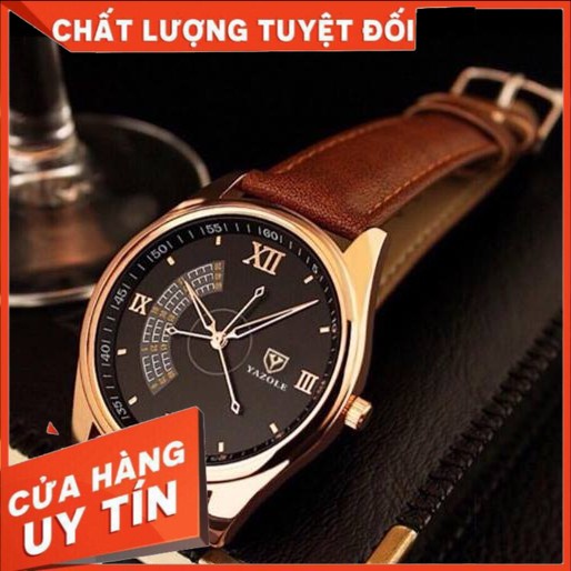 Đồng hồ nam Yazole dây da viền Vàng với 3 kim chỉ giây độc đáo + Tặng hộp đồng hồ sang trọng (Đỏ và đen)- Hàng Cao Cấp