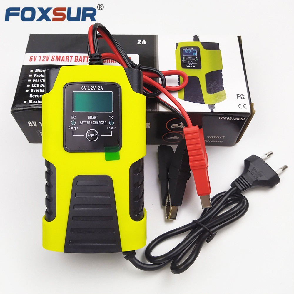 Sạc bình ắc quy Foxsur 6V 12V 2A (4ah-40ah) tự ngắt khi đầy, chức năng phục hổi ắc quy, khử sunfat, chống ngược cực