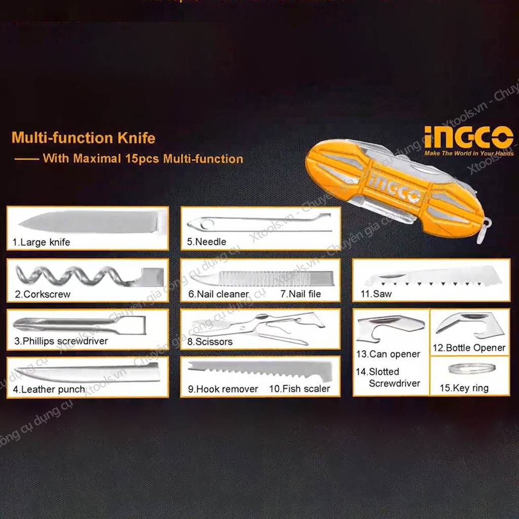 Bộ dao đa năng bỏ túi 15 trong 1 INGCO HMFK8158 dao sinh tồn cắt gọt khui nước ngọt cưa gỗ dũa móng tay vặn ốc