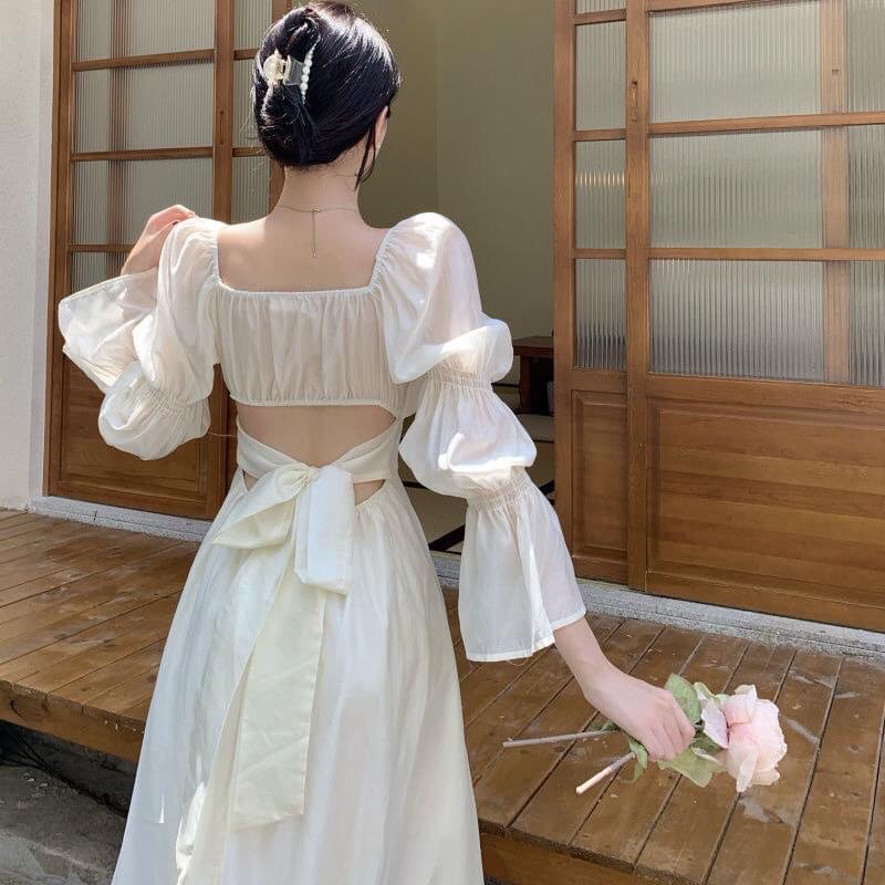 Đầm maxi hở lưng tay bồng váy maxi dáng dài xòe bo chun buộc nơ lưng sang chảnh eooshop