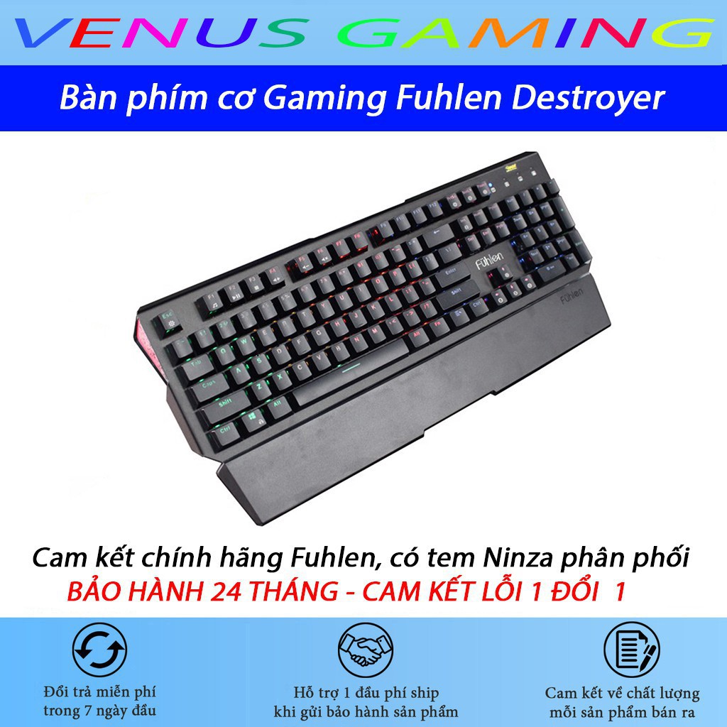 Bàn phím cơ Gaming Fuhlen Destroyer - Vỏ kim loại - Blue switch - Kê tay thào rời - Đèn led 7 màu - BH 24 tháng